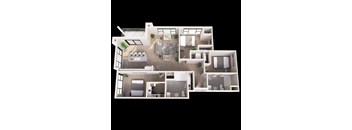 A 3D floor plan of a house with multiple rooms and furniture.