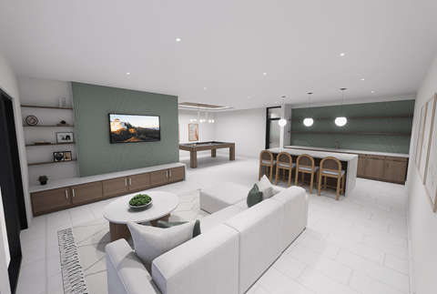 A modern living room with a white sofa and a television on the wall.