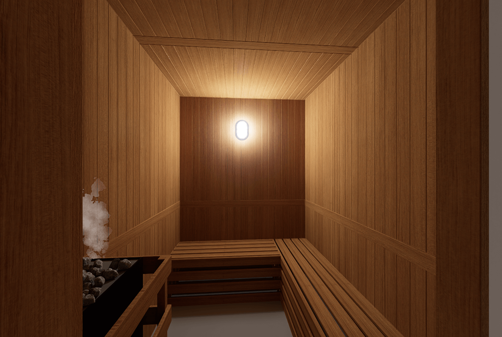 A wooden room with a light on the wall and a bench at the bottom.