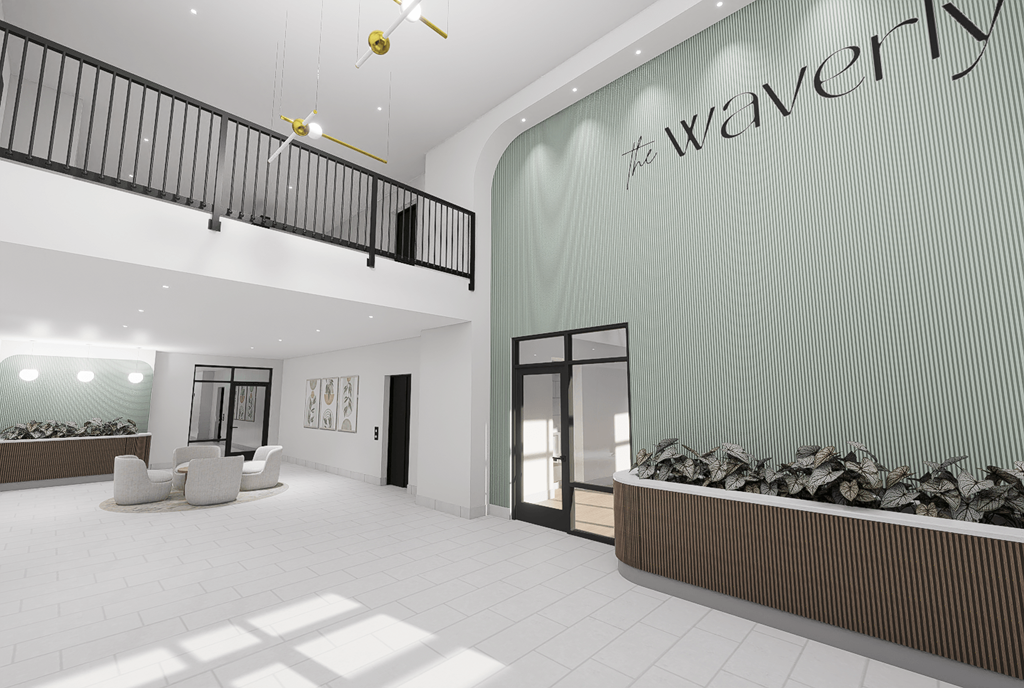 A modern interior space with a glass wall and a rocky ledge.