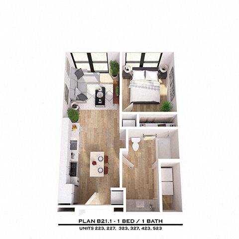 A floor plan of a bedroom with one bed and one bath.