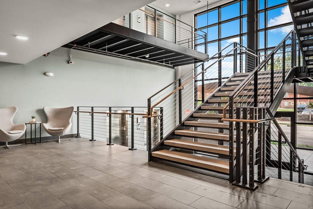 a staircase leading up to the second floor of a building