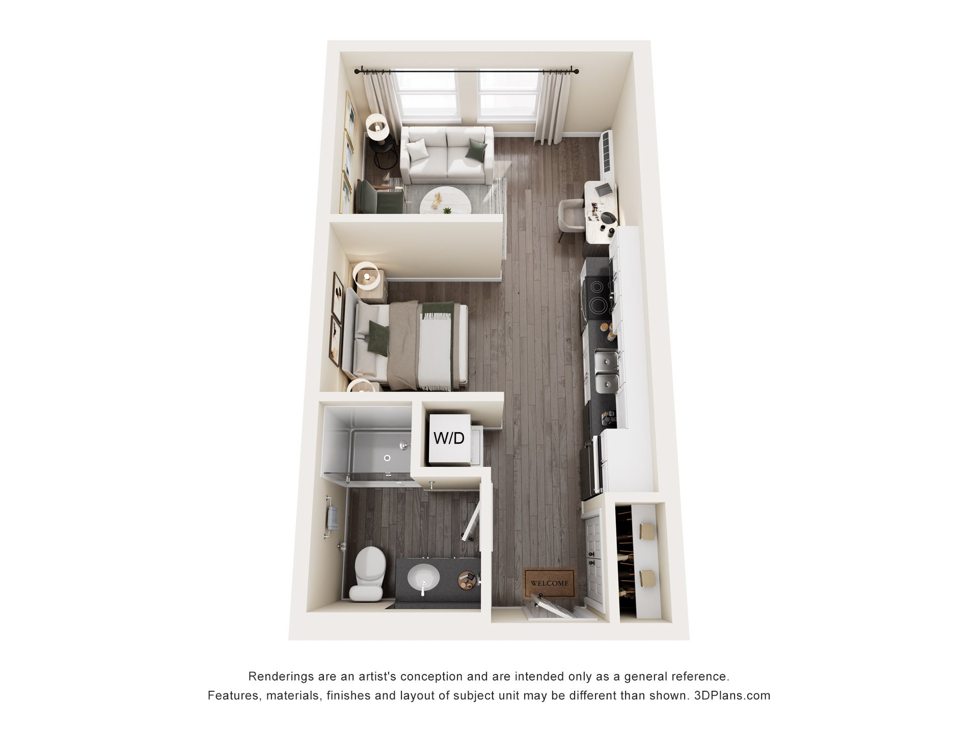 3D floor plan of studio apartment layout at The Avery - Residential Apartments, Fargo, North Dakota