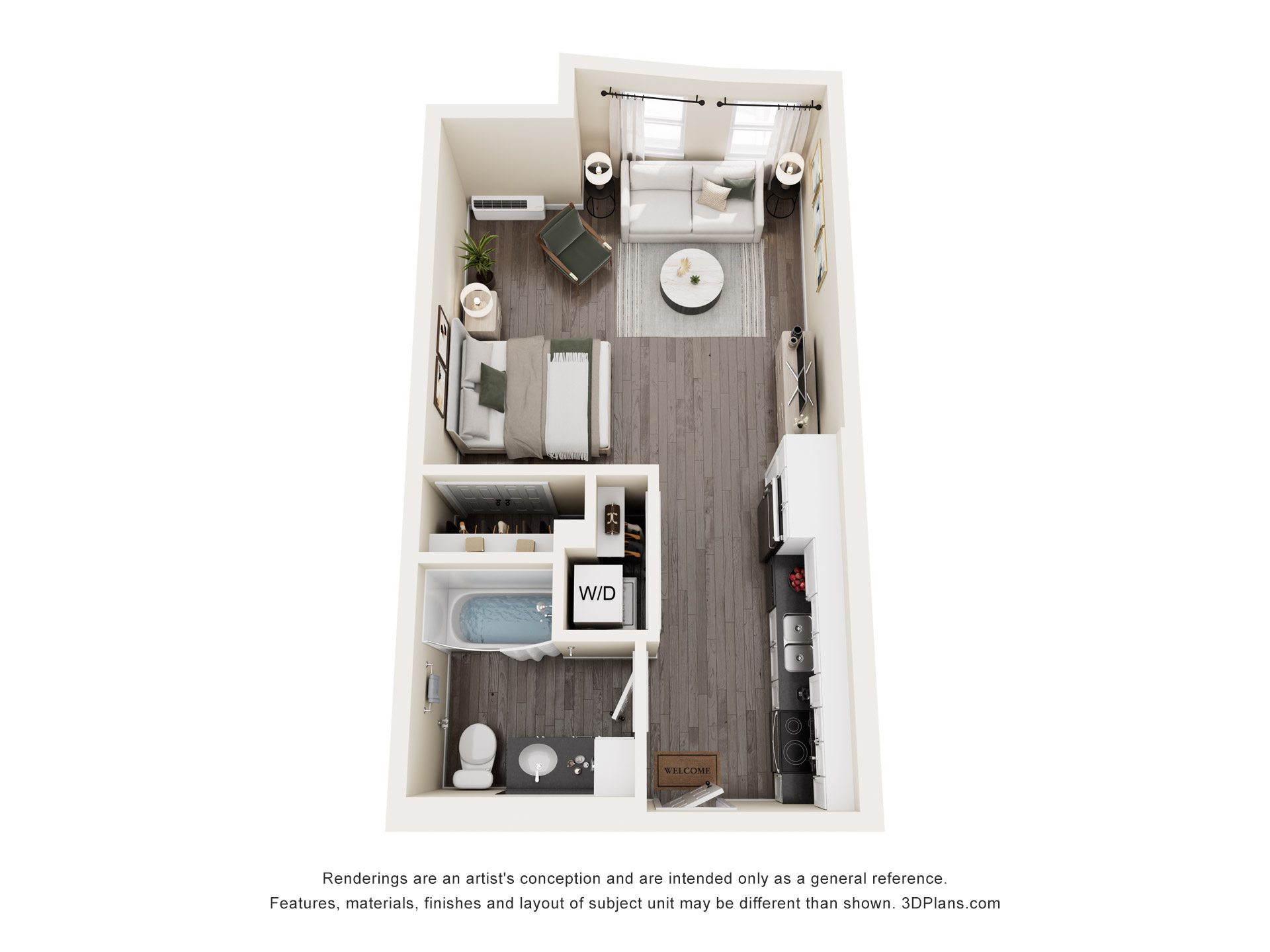 Studio floorplan apartment layout at The Avery - Residential Apartments, Fargo
