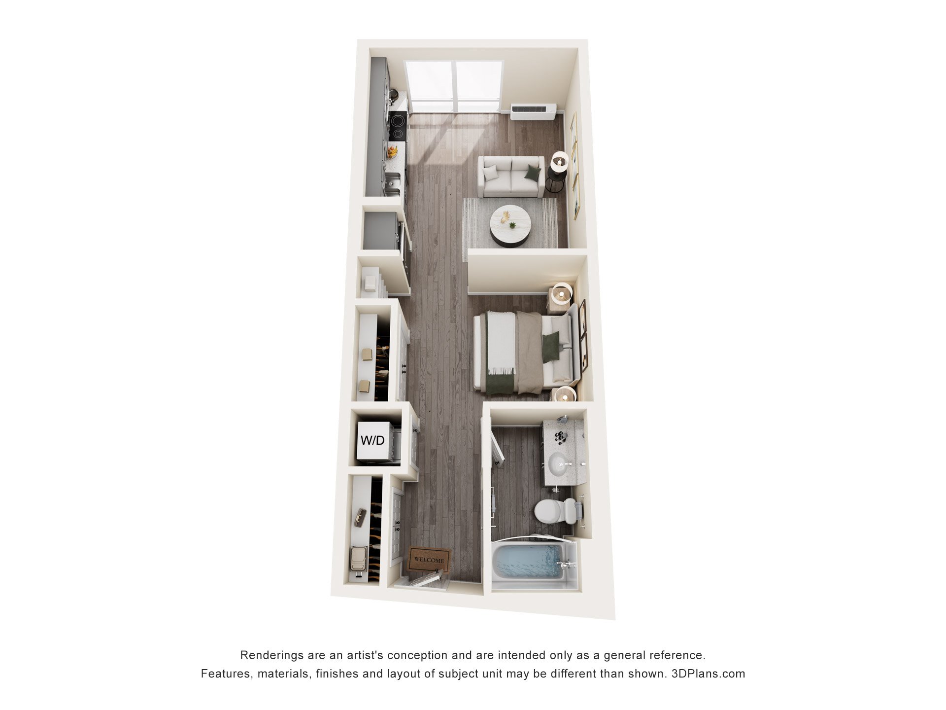 One bedroom apartment 3D floor plan at The Avery - Residential Apartments, North Dakota