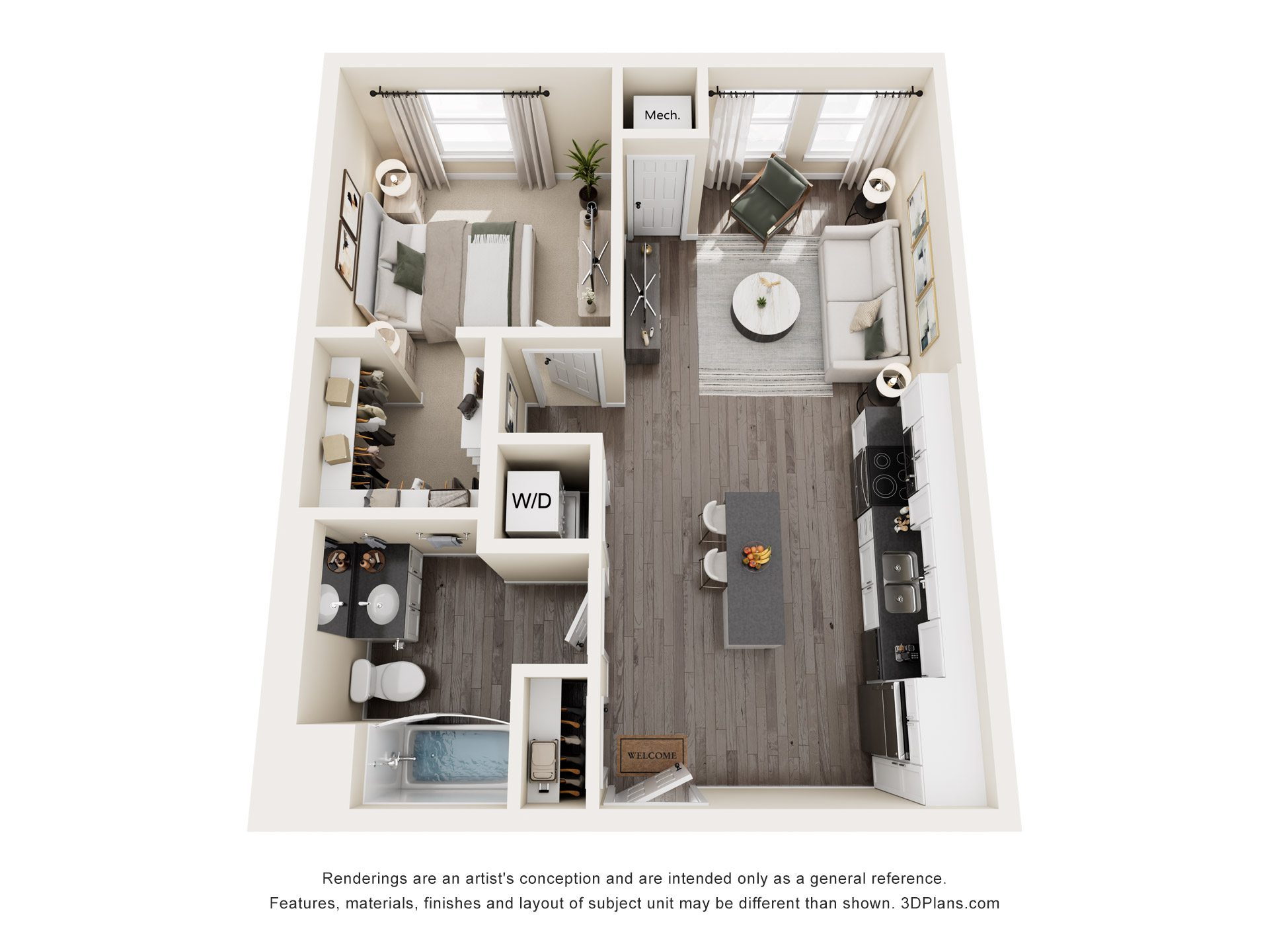 3D floor plan of 1 bedroom apartment at The Avery - Residential Apartments, Fargo, ND 58102