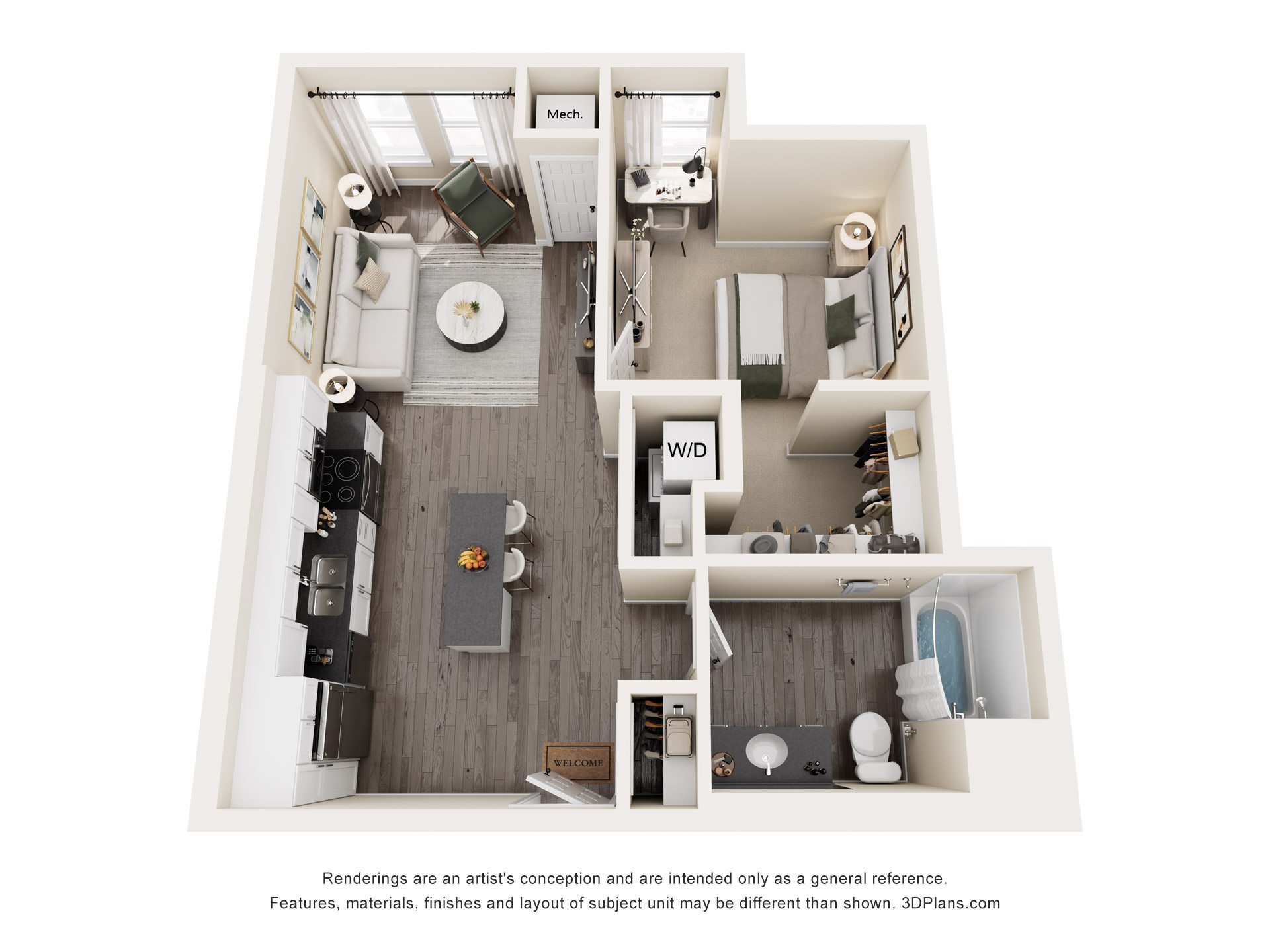 3D floor plan of one bed apartment layout at The Avery - Residential Apartments, Fargo, ND