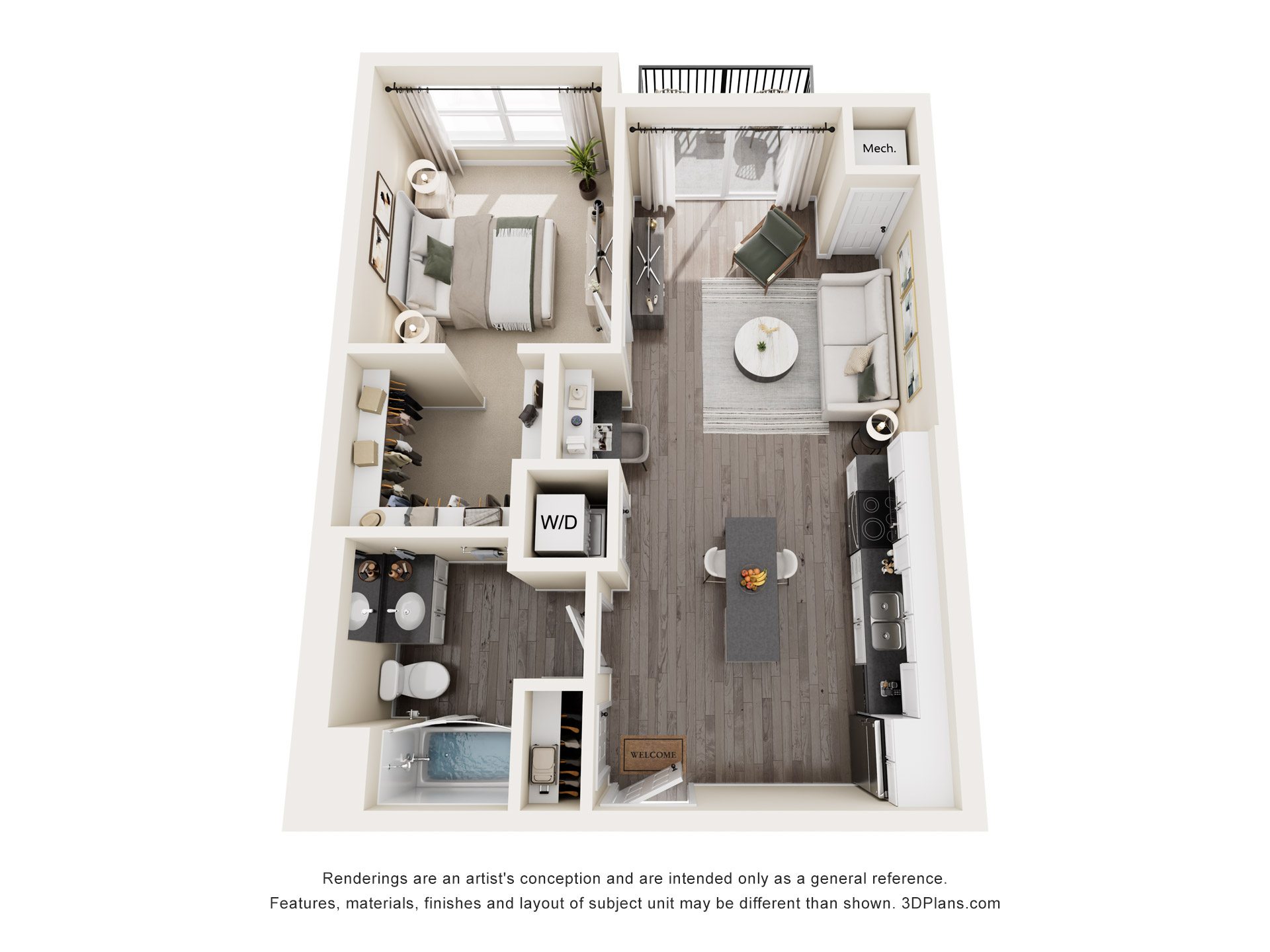 3D floor plan of one bedroom apartment layout at The Avery - Residential Apartments, Fargo, 58102