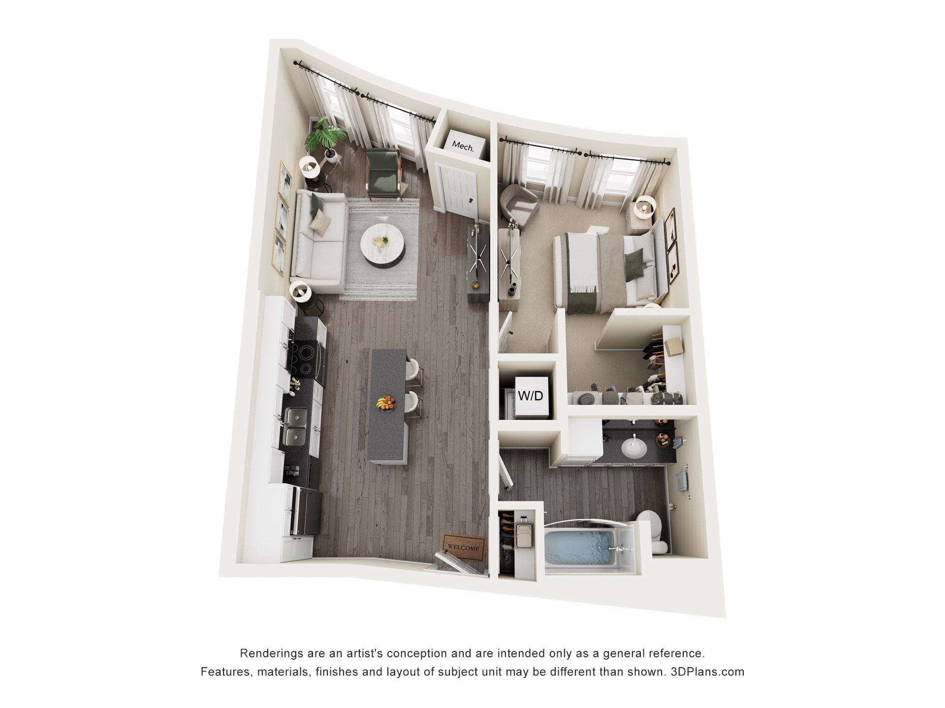 3D floor plan of 1 bed apartment at The Avery - Residential Apartments, Fargo, North Dakota