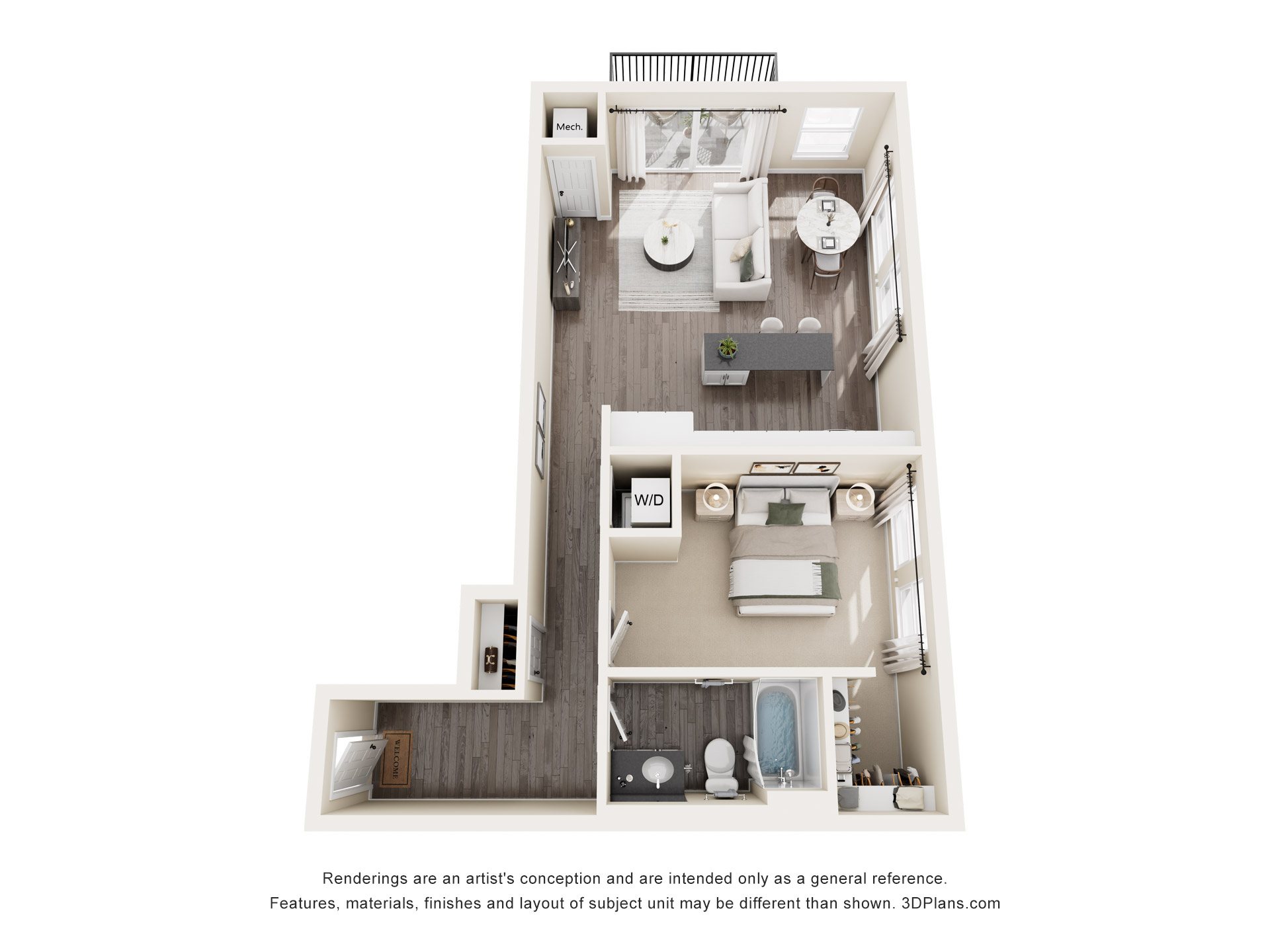One bedroom apartment 3D floor plan layout at The Avery - Residential Apartments, North Dakota