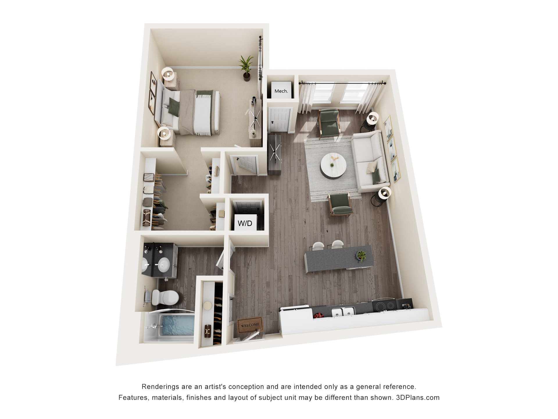 3D floor plan of one bedroom apartment with living area at The Avery - Residential Apartments, North Dakota, 58102