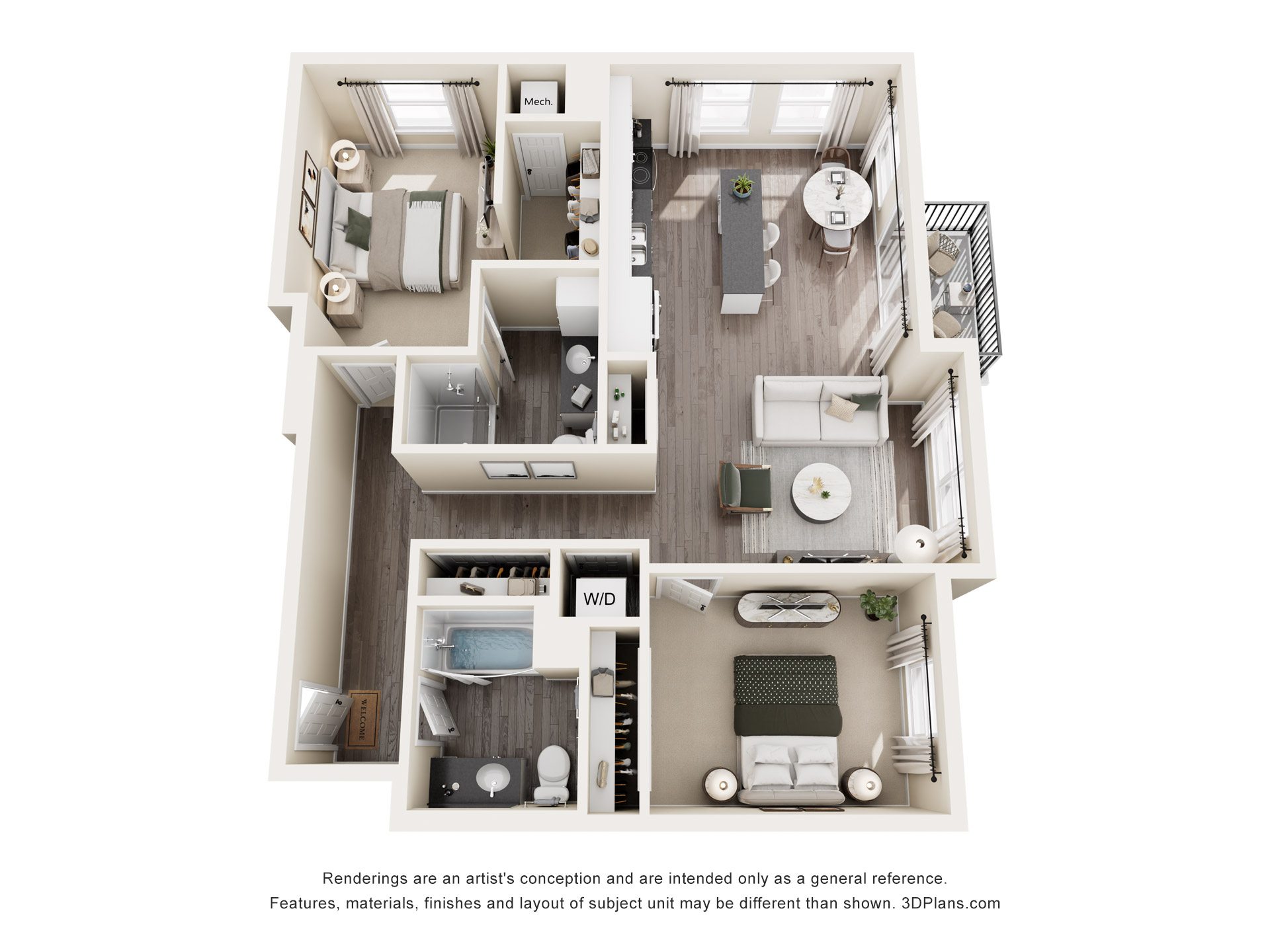 Two bed apartment 3D floor plan at The Avery - Residential Apartments, Fargo, ND 58102