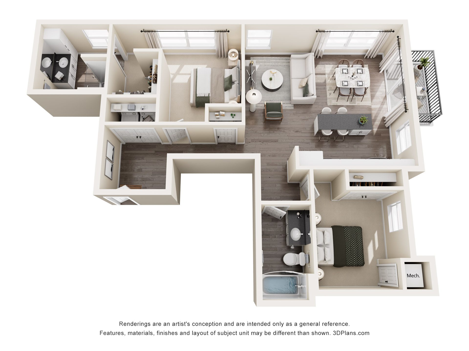 2 bedroom apartment 3D floor plan at The Avery - Residential Apartments, Fargo, ND