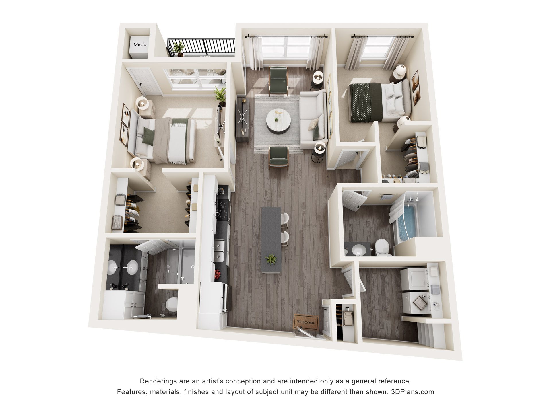 Two bedroom apartment 3D floor plan at The Avery - Residential Apartments, Fargo, 58102