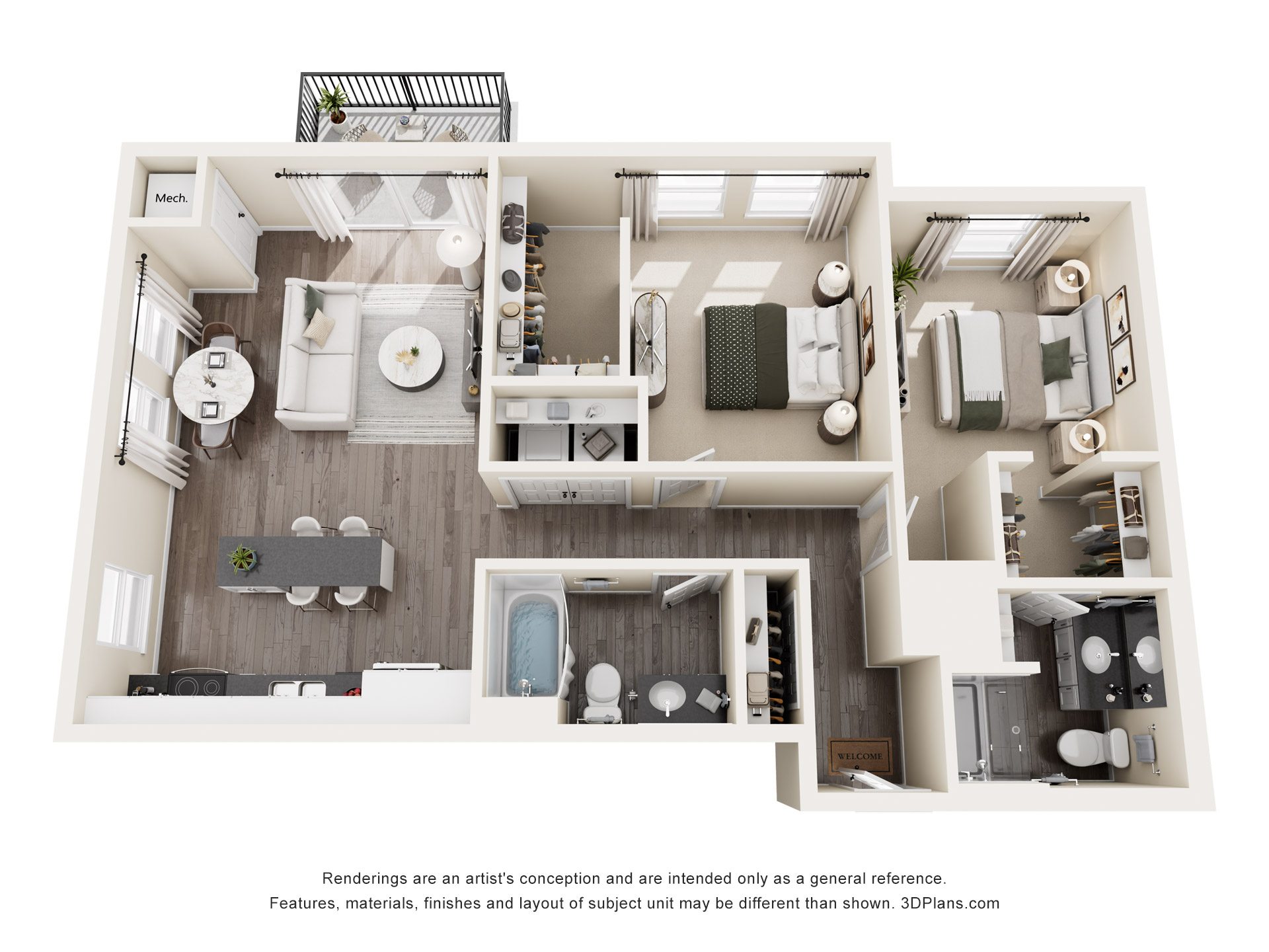 Two bedroom two bathroom 3D floor plan at The Avery - Residential Apartments, Fargo, North Dakota