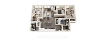 A 3D floor plan of a house with a kitchen, living room, and two bedrooms.