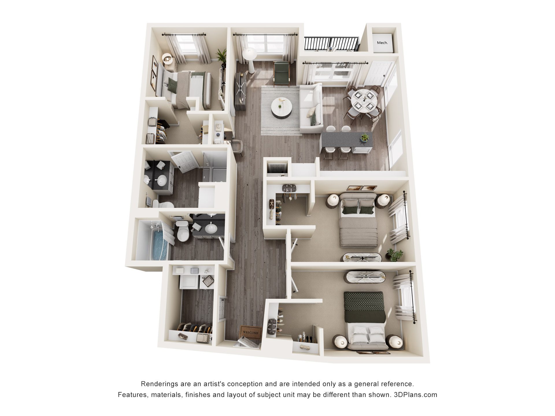 Two bedroom apartment 3D floor plan layout at The Avery - Residential Apartments, Fargo
