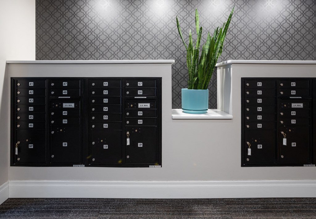 a row of mailboxes on a wall with a plant in a blue pot  at Dillard Apartments, Fargo, North Dakota, 58102