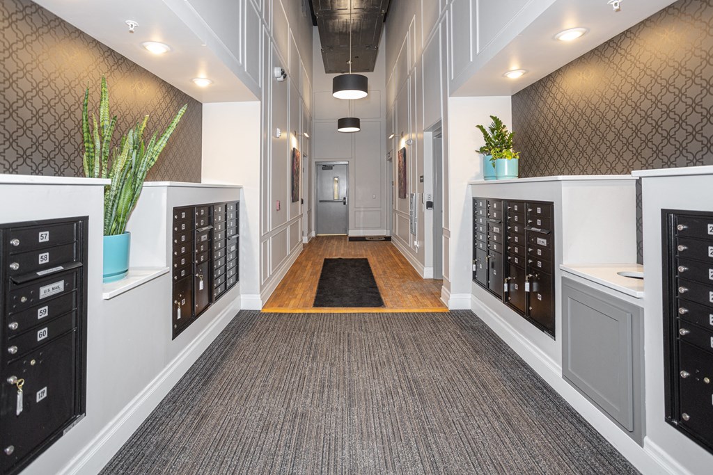 a view down a hallway with a carpeted floor and cabinets with lockers on each side  at Dillard Apartments, Fargo, North Dakota 58102