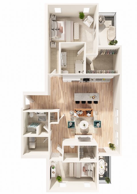 A top-down view of a modern apartment layout with a kitchen, living room, and bedrooms.