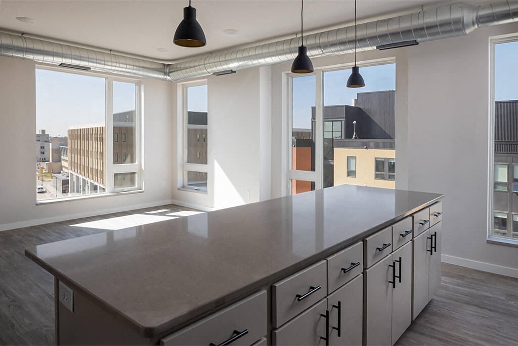 Kitchen island at Kesler Apartments in Downtown Fargo, Fargo, North Dakota 58102
