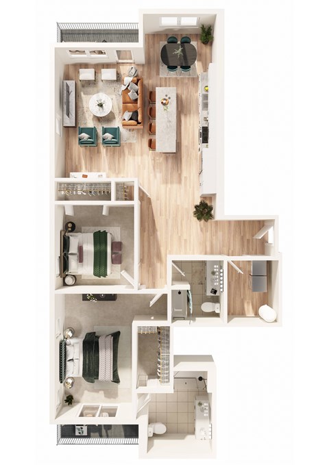 A top-down view of a small apartment with a kitchen, living room, and bathroom.
