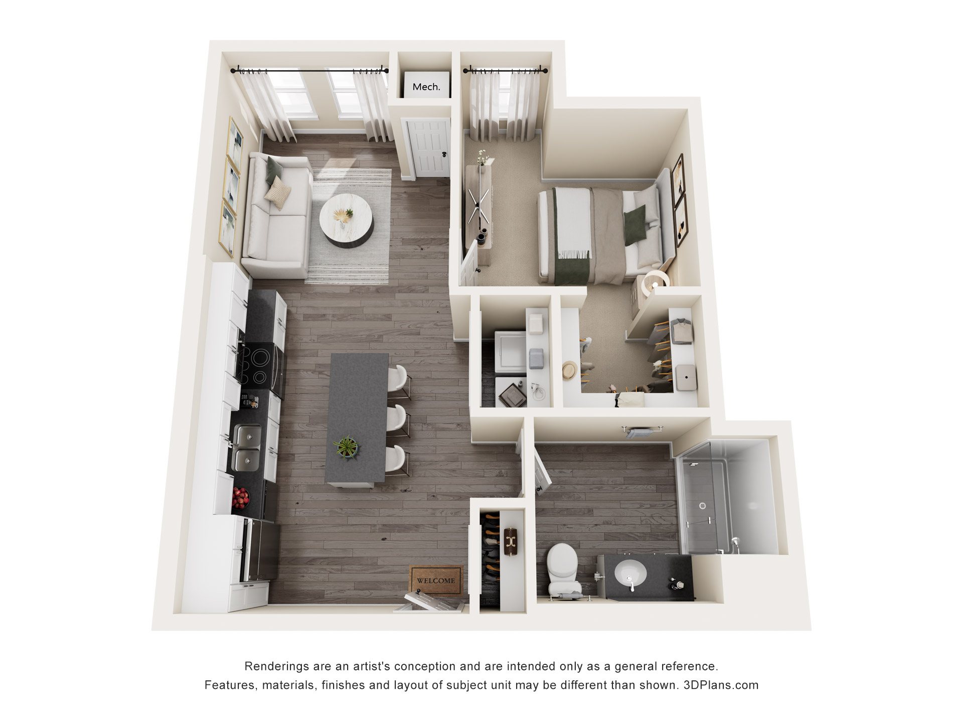 A 3D floor plan of a house with a kitchen, living room, and bathroom.