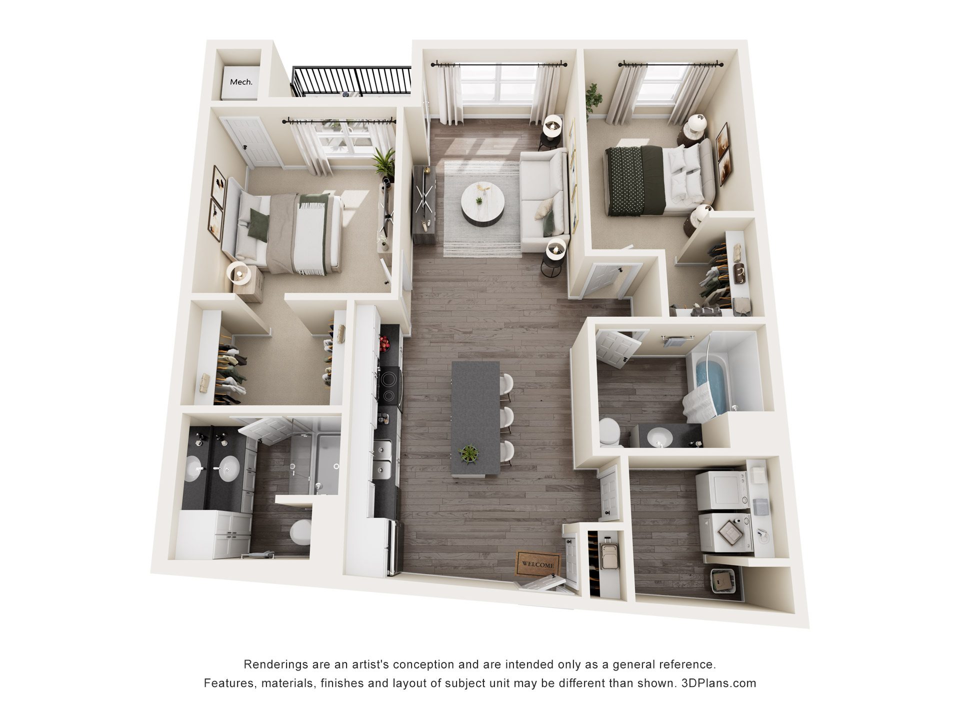 A 3D floor plan of a small apartment with a kitchen, living room, and bedroom.
