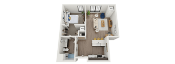 1 bedroom 1 bathroom floor plan Dat The Landing at 1001 NP, Fargo, North Dakota, 58102