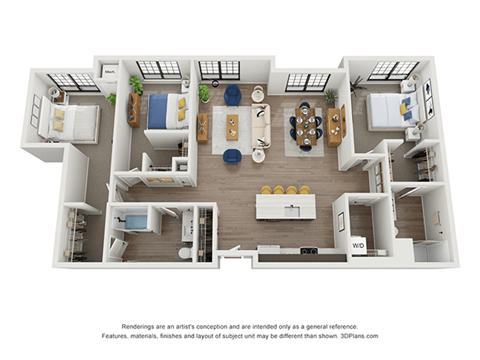 3 bedroom 2 bathroom floor plan B at The Landing at 1001 NP, Fargo, North Dakota 58102