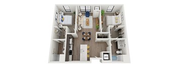 a 2 bedroom floor plan with a bathroom and a living room at The Landing at 1001 NP Apartments in Fargo, ND 58102