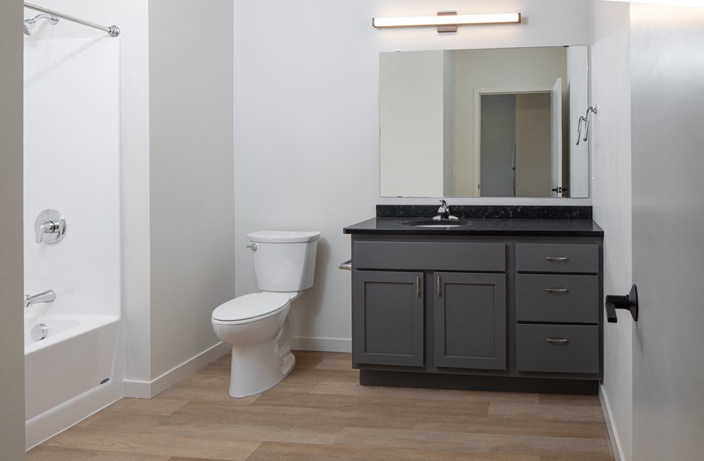 a bathroom with a toilet and a sink and a mirror at Riverhouse Apartments, Fargo, North Dakota 58102