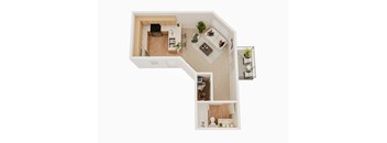 A top down view of a small apartment with a living room, kitchen, and bathroom.
