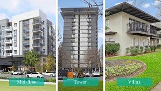 a collage of three apartment buildings with the words mid rise tower villas and mid rise