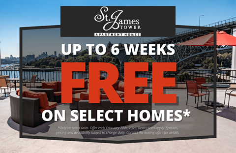 A promotional image for St. James Apartment Homes offering up to 6 weeks free on select homes.
