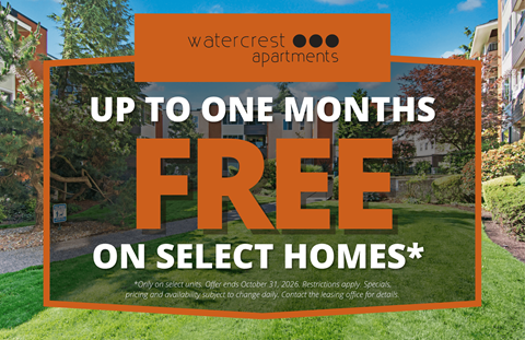 A promotional image for Watercrest Apartments offering up to one month free on select homes.