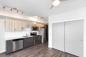 An open living room with a galley style kitchen and large closets for additional storage Vive Living Room - Photo Gallery 4