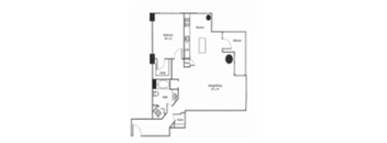A floor plan of a house with a kitchen, living room, and two bedrooms.