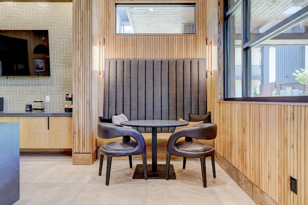 bistro table with chairs and bench seating