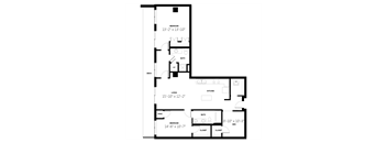 A floor plan of a house with three bedrooms, a living area, kitchen, and bathrooms.