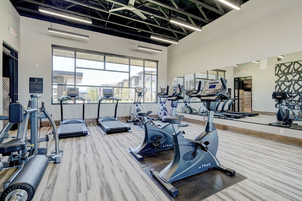 a gym with cardio equipment and windows
