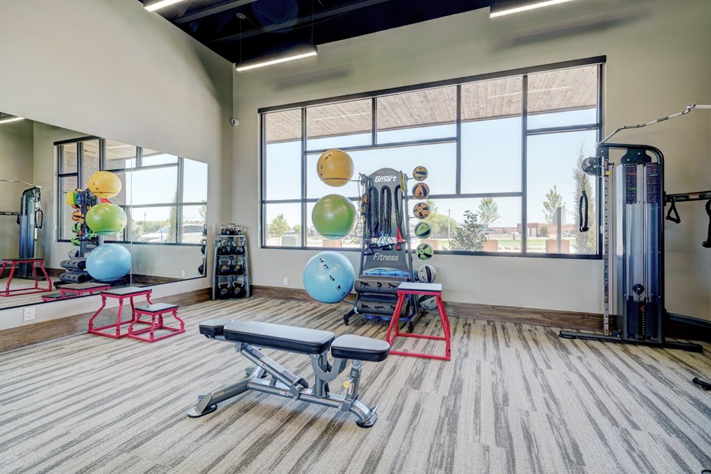 a gym with weights and exercise balls
