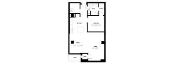 A floor plan of a small apartment with a kitchen, living room, bedroom, and bathroom.