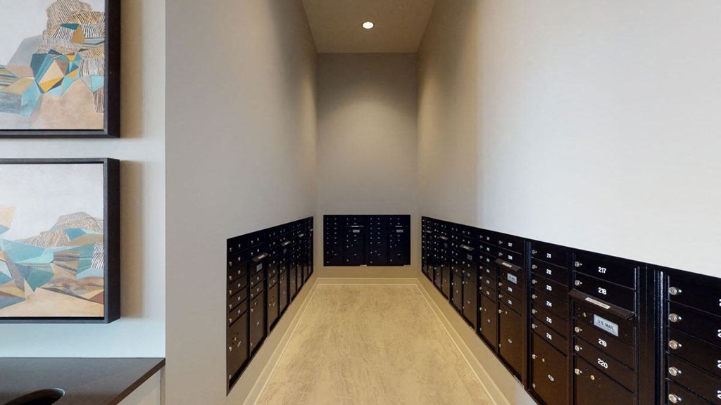 A narrow corridor here at The Collection at Highland Bridge Apartment Homes with rows of black mailboxes lining the walls. Two abstract paintings hang on the left, adding color and artistic flair.