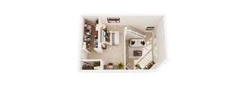 A top-down view of a small, neatly organized apartment.