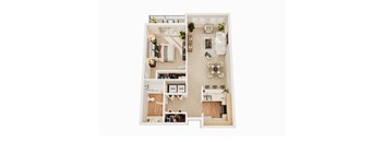 A floor plan of a small apartment with two bedrooms and a living room.