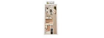 A top down view of a small apartment with a kitchen, living room, and bathroom.
