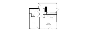 A floor plan of a house with a living room, dining room, kitchen, and bathroom.