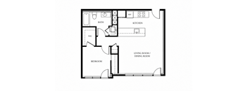 A floor plan of a small apartment with a bedroom, living room, and kitchen.
