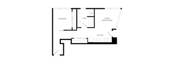 A floor plan of a small apartment with a bedroom, living/dining room, kitchen, and bathroom.